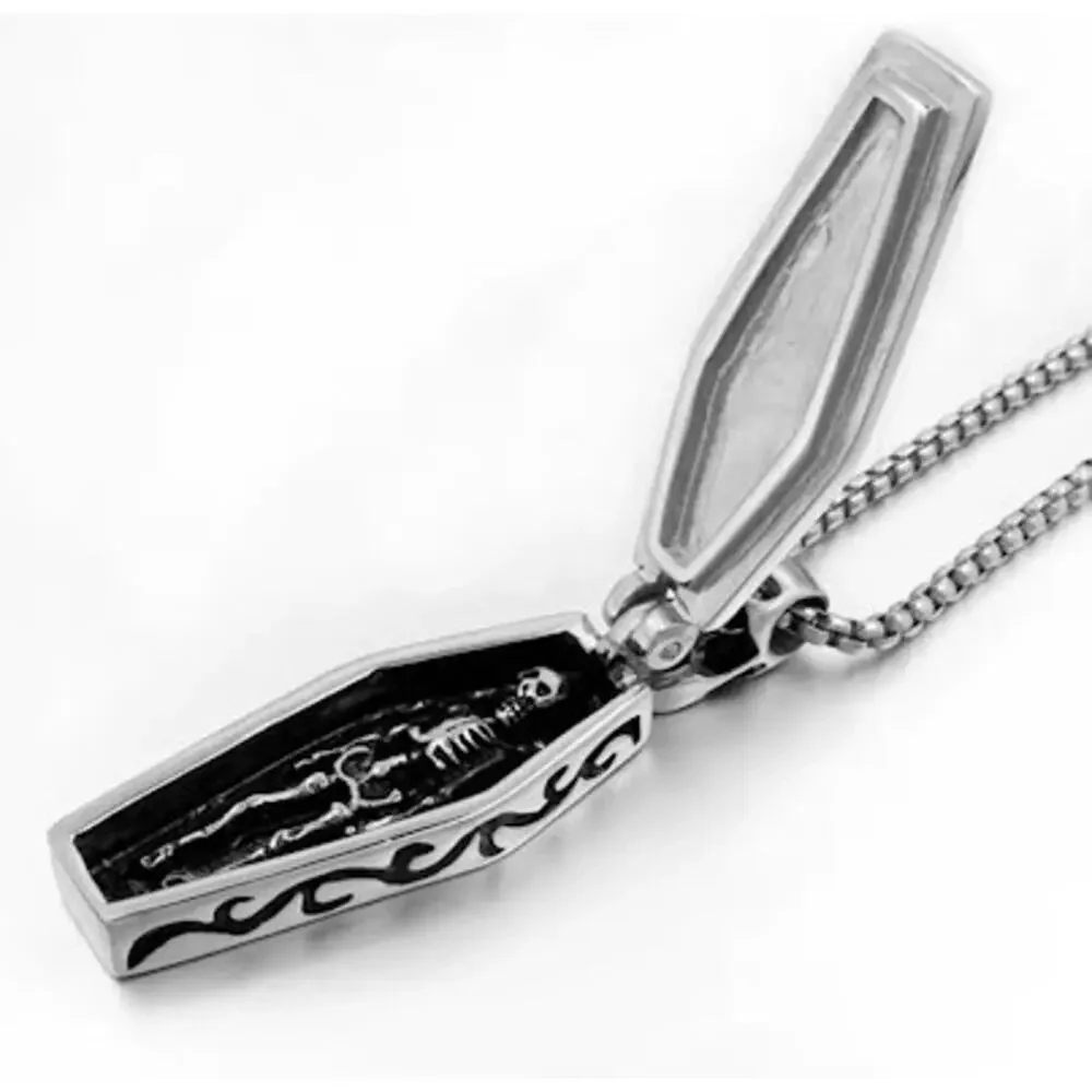 Gothic Cross Necklace with Skeleton Inside Titanium Steel Coffin Pendant Skull